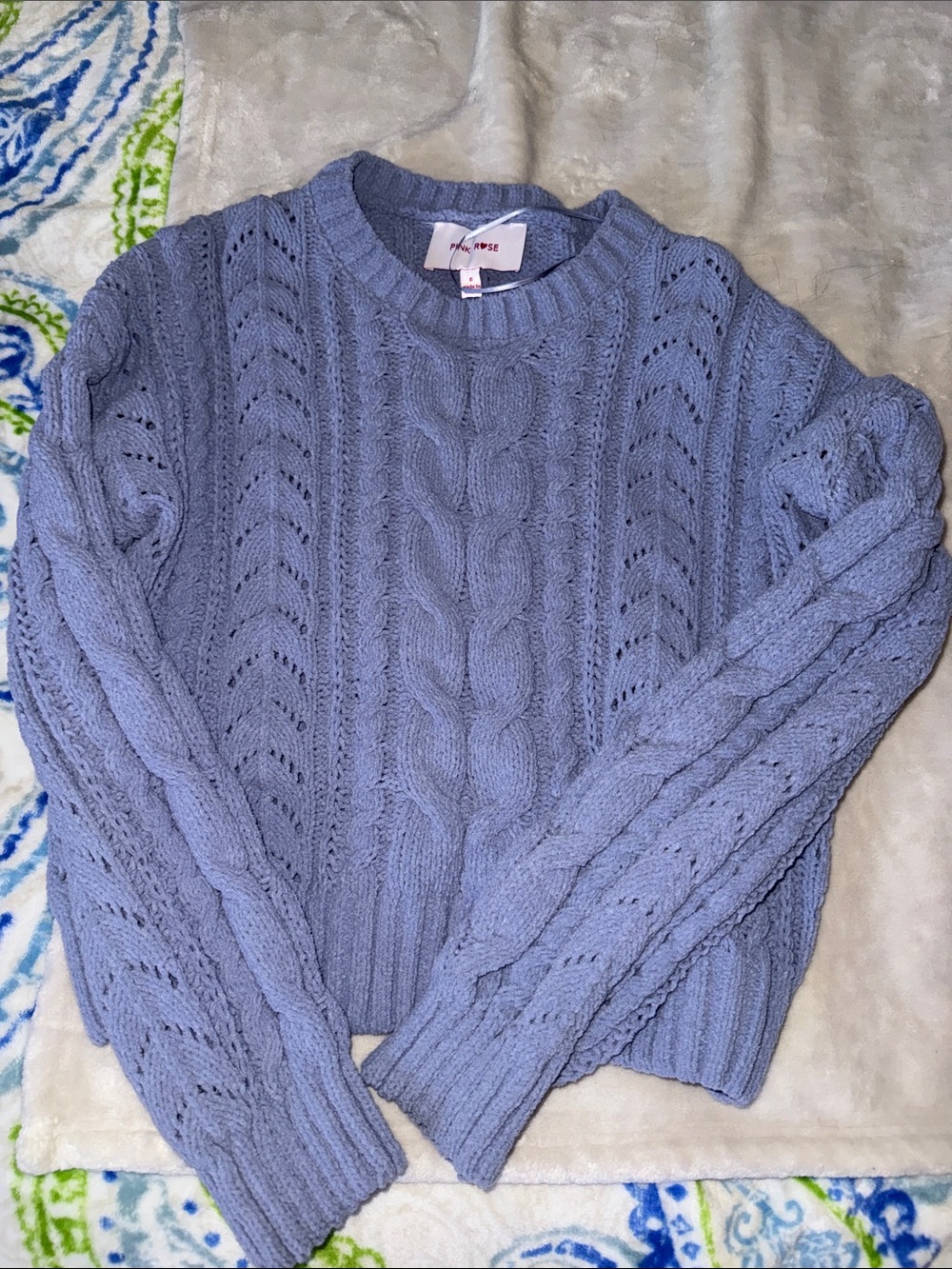 Pink Rose Light Blue Cable Knit Crewneck Sweater